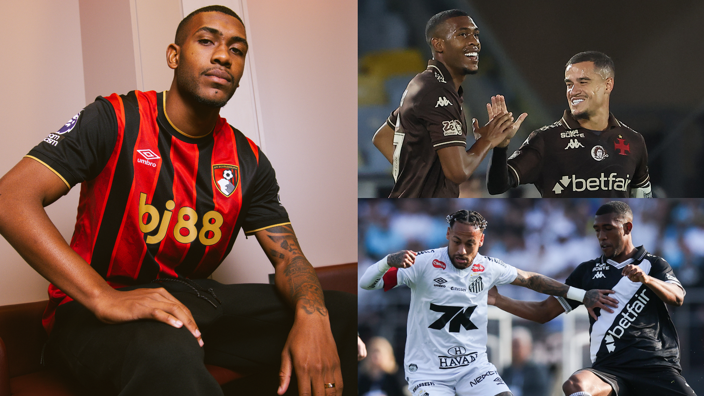 Photos of Rayan in a Bournemouth shirt and celebrating a goal with Vasco da Gama team-mate Philippe Coutinho and challenging Santos player Neymar